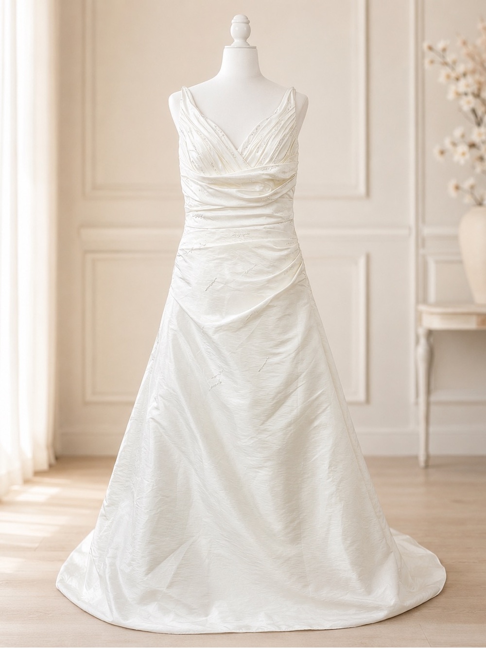 Ivory Satin V-Neck A-Line Bridal Gown